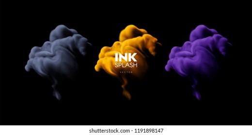 Colorful ink splash set. Realistic vector illustration. Underwater swirling multicolored paint clouds isolated on black background. Bright turbulent liquid. Fluid colors. Abstract elements for design