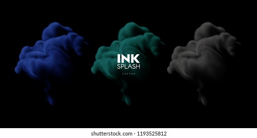 Colorful ink splash set. Realistic vector illustration. Underwater swirling multicolored paint clouds isolated on black background. Bright turbulent liquid. Fluid colors. Abstract elements for design