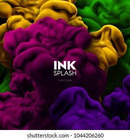 Colorful ink splash swirling in the water. Vector illustration. Abstract artistic background. Colorful fluids. Liquid colors. Backdrop for cover design. Mixed multicolored pigments. Diffuse substance