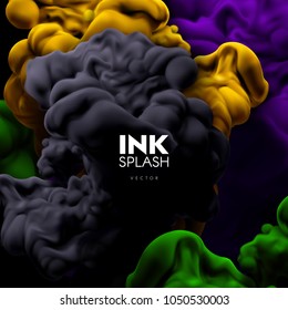 Colorful ink splash swirling in the water. Vector illustration. Abstract artistic background. Colorful fluids. Liquid colors. Backdrop for cover design. Mixed multicolored pigments. Diffuse substance