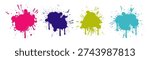 Colorful ink splatter set featuring vibrant pink, purple, lime, and cyan splashes. Realistic dripping and grunge effects for artistic backgrounds, posters, and creative designs
