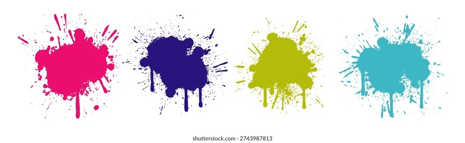 Colorful ink splatter set featuring vibrant pink, purple, lime, and cyan splashes. Realistic dripping and grunge effects for artistic backgrounds, posters, and creative designs