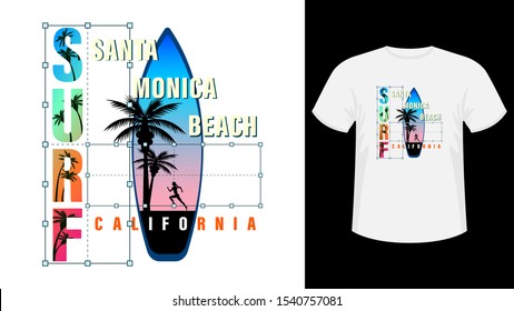 Colorful inscription California, Santa Monica beach surf print white t-shirt. Silhouettes of palm trees and running woman on a surfboard. Vector illustration.