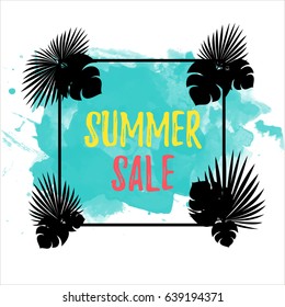 Colorful inscription Summer sale in a black frame with different palm leaves on a white background with blue stain of watercolor