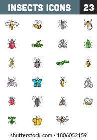 Colorful Insect 23 Icons on White Background.