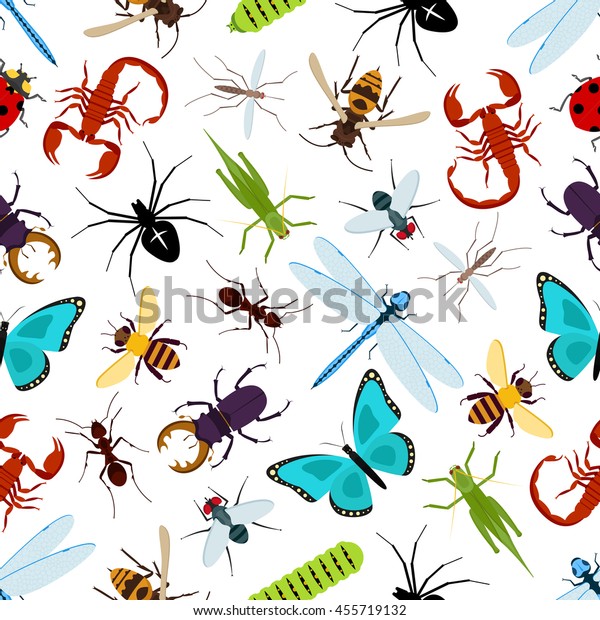Colorful
insect animals seamless pattern. Coccinellidae or ladybug, lady
beetle and dragonfly, lucanus cervus and wasp or bee, araneus orb
spider and wood ant, grasshopper and stag
beetle