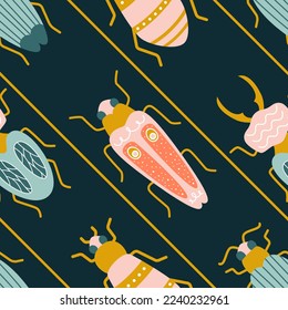 Colorful insects, beetle, and bugs in art deco style. Vector seamless pattern with trendy background 