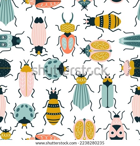 Colorful insects, beetle, and bugs in art deco style. Vector seamless pattern with trendy background 