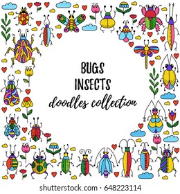Colorful insects doodle vector set cute beetles bugs butterfly frame decorative round
