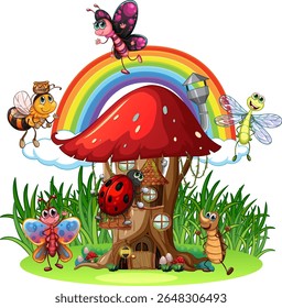 Colorful insects gather around a mushroom house under a vibrant rainbow. Playful and imaginative vector illustration with bright colors