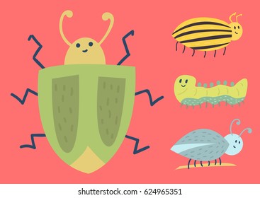 Colorful insects icons isolated wildlife wing detail summer worm caterpillar bugs wild vector illustration.