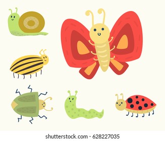 Colorful insects icons isolated wildlife wing detail summer worm caterpillar bugs wild vector illustration.