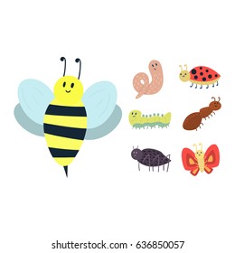 Colorful insects icons isolated wildlife wing detail summer worm caterpillar bugs wild vector illustration.