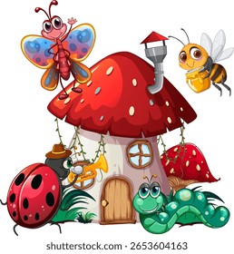 Colorful insects play music around a charming mushroom house. Bright, playful vector style with vibrant colors and lively composition