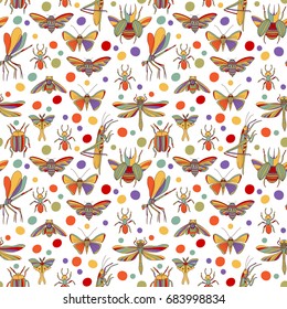 Colorful insects seamless pattern. Hand drawn bug, dragonfly, moth, butterfly background.