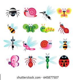 colorful insects vector cartoon set collection, cute animals set