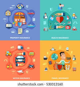 Colorful insurance flat concept with medical transport journey and property protection vector illustration