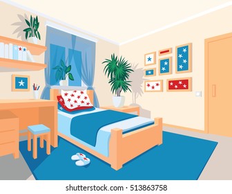 Colorful interior of bedroom in flat cartoon style. Vector illustration of teen bedroom with window, desk, bed, star arts in frames and houseplants. Scene for your artworks, illustrations and design.