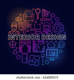 Colorful interior design illustration - vector concept architecture linear sign on dark background 
