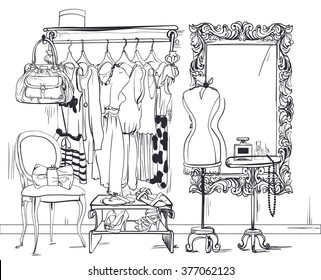 colorful interior vector illustration with women wardrobe