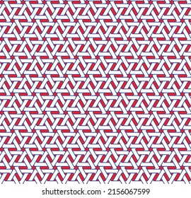 Colorful interlaced pattern on red background. White and blue interlocking pattern on red backdrop.