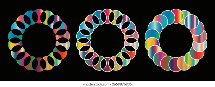 Design colorido de círculos entrelaçados no fundo preto.