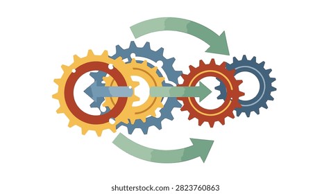 Colorful interlocking mechanical sprockets and gears graphic with green directional arrows symbolizing workflow, process, and synchronized technical movement on a white background.