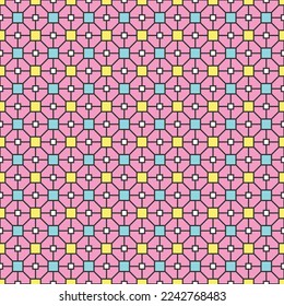 Colorful interlocking pattern with yellow and blue square on pink background. Chinese traditional pattern. Octagon and square pattern. Pastel color theme.