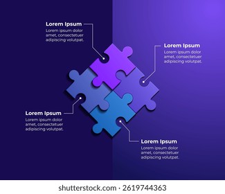 Bunte ineinandergreifende Puzzleteile mit Text, die Teamarbeit, Kommunikation, Zusammenarbeit und Kreativität in einem Farbverlauf-Design mit blauem und violettem abstraktem Hintergrund veranschaulichen.