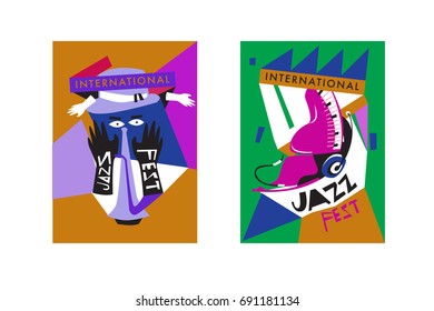 Colorful international jazz festival. Musicians, singers and musical instruments poster set flat vector illustration. Poster template for jazz and music events.