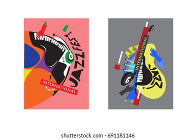 Colorful international jazz festival. Musicians, singers and musical instruments poster set flat vector illustration. Poster template for jazz and music events.