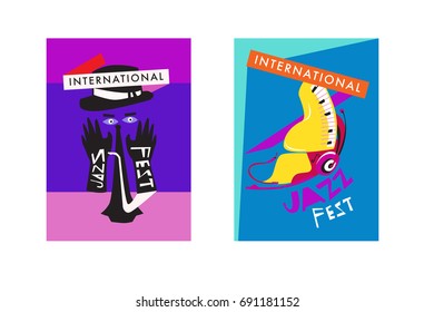 Colorful international jazz festival. Musicians, singers and musical instruments poster set flat vector illustration. Poster template for jazz and music events.