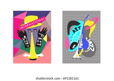 Colorful international jazz festival. Musicians, singers and musical instruments poster set flat vector illustration. Poster template for jazz and music events.