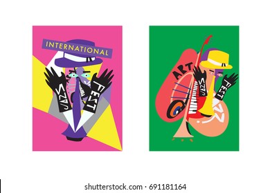 Colorful international jazz festival. Musicians, singers and musical instruments poster set flat vector illustration. Poster template for jazz and music events.