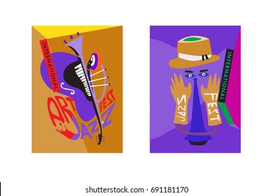 Colorful international jazz festival. Musicians, singers and musical instruments poster set flat vector illustration. Poster template for jazz and music events.