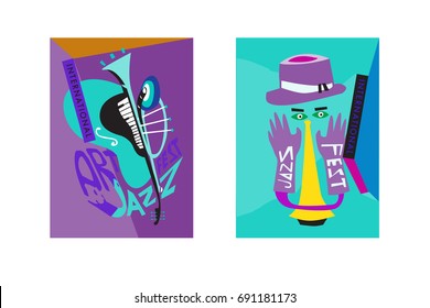 Colorful international jazz festival. Musicians, singers and musical instruments poster set flat vector illustration. Poster template for jazz and music events.