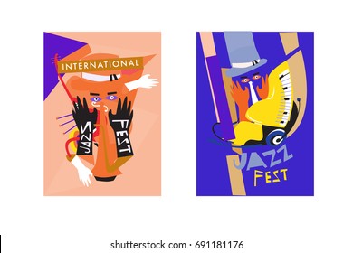 Colorful international jazz festival. Musicians, singers and musical instruments poster set flat vector illustration. Poster template for jazz and music events.