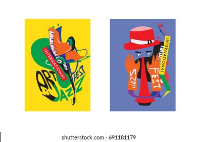 Colorful international jazz festival. Musicians, singers and musical instruments poster set flat vector illustration. Poster template for jazz and music events.
