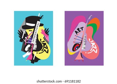 Colorful international jazz festival. Musicians, singers and musical instruments poster set flat vector illustration. Poster template for jazz and music events.