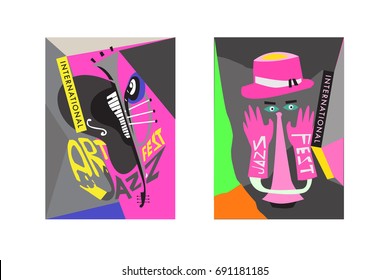 Colorful international jazz festival. Musicians, singers and musical instruments poster set flat vector illustration. Poster template for jazz and music events.