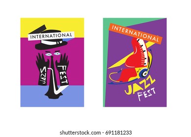 Colorful international jazz festival. Musicians, singers and musical instruments poster set flat vector illustration. Poster template for jazz and music events.