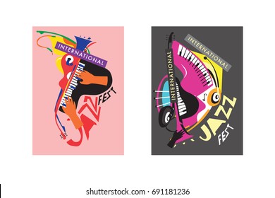 Colorful international jazz festival. Musicians, singers and musical instruments poster set flat vector illustration. Poster template for jazz and music events.