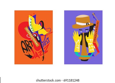 Colorful international jazz festival. Musicians, singers and musical instruments poster set flat vector illustration. Poster template for jazz and music events.