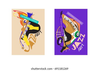 Colorful international jazz festival. Musicians, singers and musical instruments poster set flat vector illustration. Poster template for jazz and music events.