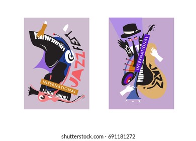 Colorful international jazz festival. Musicians, singers and musical instruments poster set flat vector illustration. Poster template for jazz and music events.