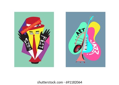 Colorful international jazz festival. Musicians, singers and musical instruments poster set flat vector illustration. Poster template for jazz and music events.