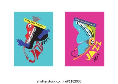 Colorful international jazz festival. Musicians, singers and musical instruments poster set flat vector illustration. Poster template for jazz and music events.