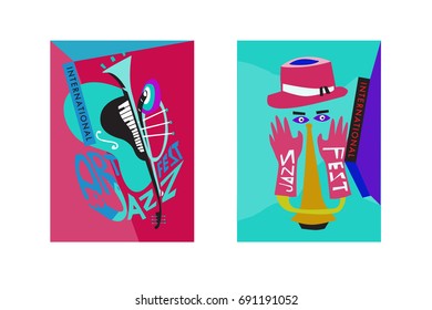 Colorful international jazz festival. Musicians, singers and musical instruments poster set flat vector illustration. Poster template for jazz and music events.