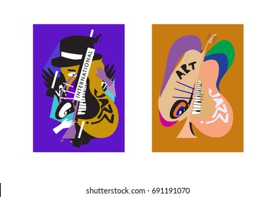Colorful international jazz festival. Musicians, singers and musical instruments poster set flat vector illustration. Poster template for jazz and music events.