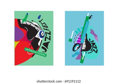 Colorful international jazz festival. Musicians, singers and musical instruments poster set flat vector illustration. Poster template for jazz and music events.